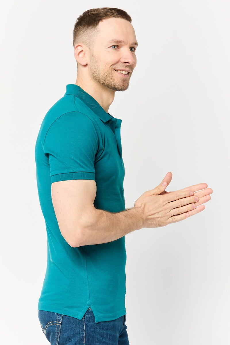 Celio Men Regular Fit Solid Shot Sleeve Polo Shirt, Teal Blue - Image 3